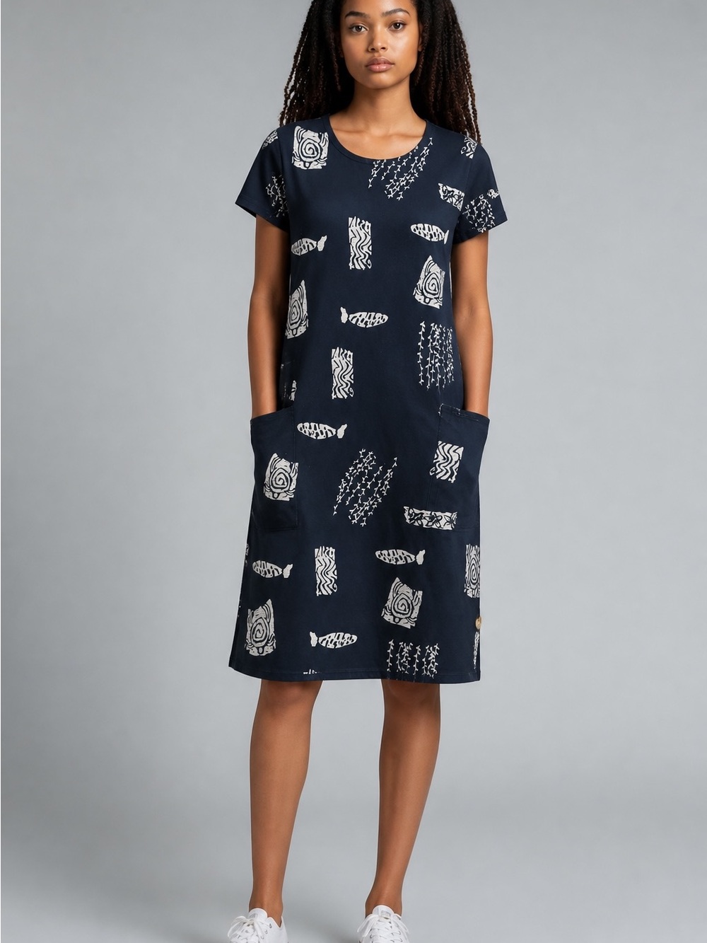 Navy Printed Short-Sleeve Midi Dress with Pockets